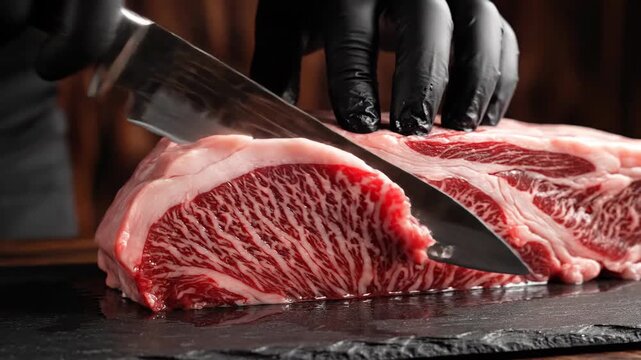 Close-up of a hand in black gloves slicing a raw marbled cut of meat with a sharp knife on a dark surface