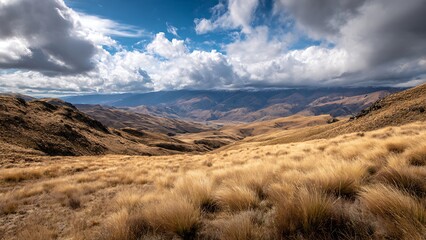 Expansive Highlands Landscape with Dramatic Clouds and Golden Grasses