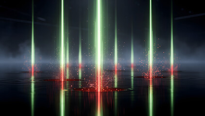 Abstract futuristic stock market visualization with glowing green and red elements, cinematic lighting, dark fintech environment, premium 3D render, no text or symbols. AI Generated.