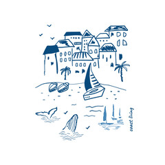 La Dolce Vita aesthetic poster in sketch style drawing. Blue Italian summer vacation, Mediterranean coastal city, sea boats, yacht, palms card, slow living card design. Vector minimalist illustration.