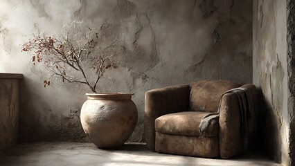 Cozy 3D Interior Scene with Brown Textures and Artistic Decor Elements