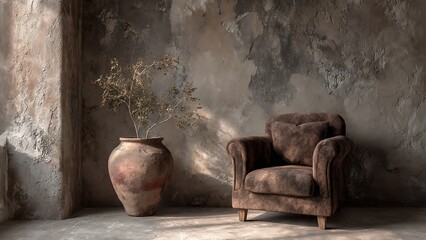 Cozy Brown Interior with Armchair and Textured Wall in 3D Style