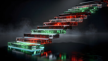 Abstract futuristic stock market visualization with glowing green and red elements, cinematic lighting, dark fintech environment, premium 3D render, no text or symbols. AI Generated.