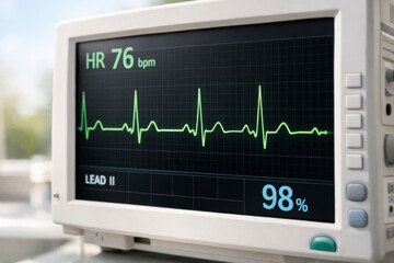 Close-up of a medical monitor displaying a heartbeat with a heart rate of 76 bpm and oxygen saturation at 98%.