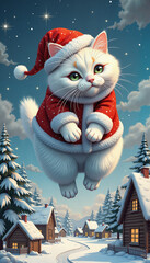 Levitating white cat in Santa suit flying over snowy village  