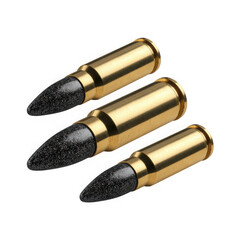 Gold bullets with black tips arranged in diagonal line isolated on a transparent background