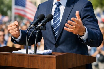 A anonymous male speaker confidently addresses a crowd at a public public gathering, emphasizing his message with hand gestures.