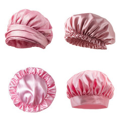 Pink satin bonnets for hair care and protection isolated on a transparent background