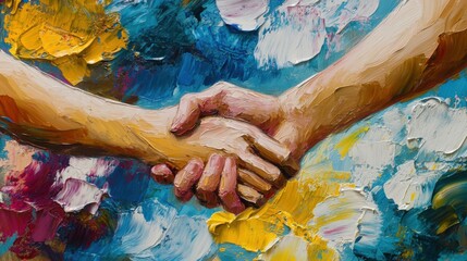 Impressionistic representation of a handshake amidst vibrant abstract floral accents