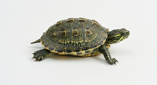 Eine kleine Wasserschildkr�te mit buntem Panzer und leuchtenden Streifen perfekt ausgeleuchtet auf reinwei�em Studiohintergrund. AI Generated