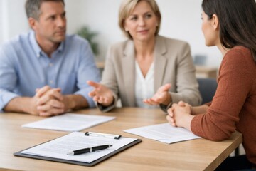 Obraz premium A female professional talks to a couple in a meeting, discussing important paperwork on a desk.