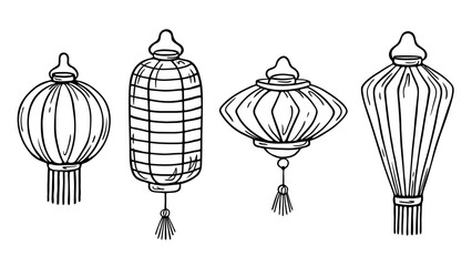 Hand drawn Chinese lantern set, doodle sketch isolated on white. Round, rhombus and long lantern with tassel and fringe. Black and white line drawing. Vector clipart illustration.
