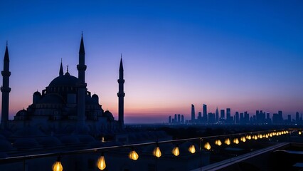 Naklejka premium Mosque Silhouette Merging with Modern Skyline at Twilight Ramadan Night