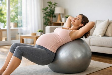 Pregnant woman practicing relaxation on an exercise ball at home, enjoying tranquility in a cozy, well-lit living space.