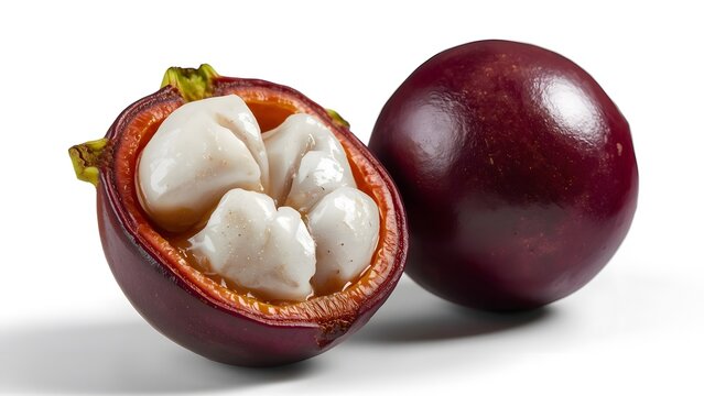 Fresh and Juicy purple passion fruit with pulp and seeds isolated on a white background