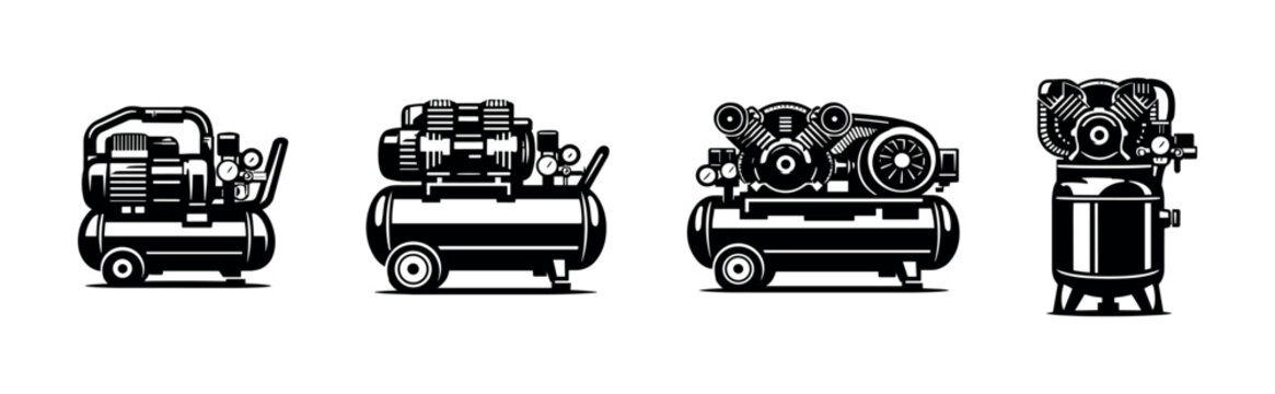 Air compressor collection, engines, machinery, flat vector illustration