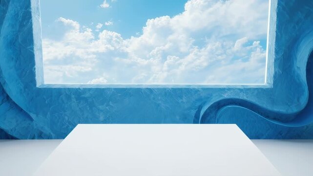 A stark white cube rests on a smooth surface within a blue, rocky cavern, framed by a sky