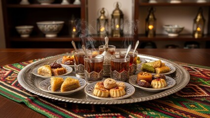 Naklejka premium Ramadan Tea Tray with Sweets on Woven Tablecloth in Traditional Family Room