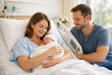 Obraz premium A joyful moment: a young Caucasian couple cradles their newborn in a hospital room, radiating love and happiness.