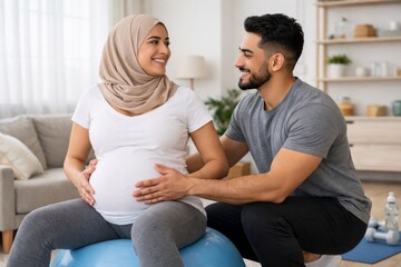 A happy Middle-Eastern couple preparing for parenthood, with the pregnant woman sitting on a fitness ball.