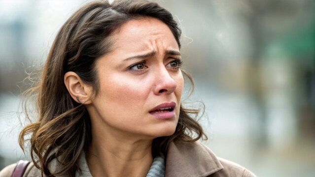 Expressive emotions on her face. The young woman looks worried.