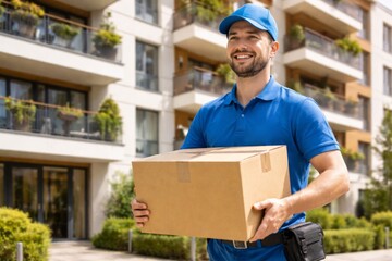 Cheerful male delivery driver, wearing a blue uniform and cap, carrying a package outside a modern apartment building.