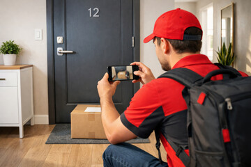 A delivery man, wearing a red cap and shirt, takes a photo of a package in front of a door, showcasing his dedication to tracking deliveries.