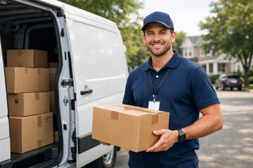 Smiling delivery man in a navy blue uniform, holding a cardboard box, standing next to a delivery van on a sunny day.