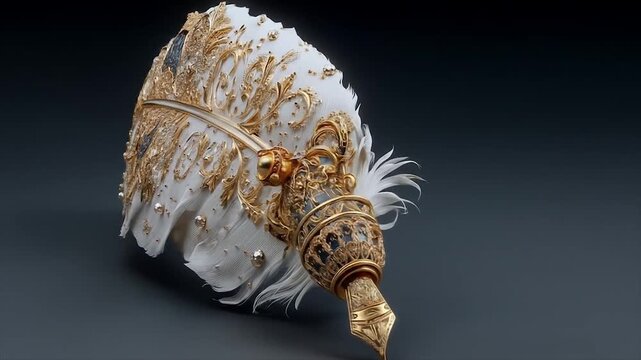 Elegant feather pen with gold detailing and ornate decorations