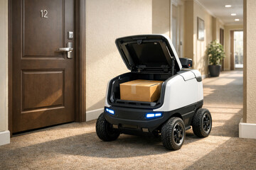 A delivery robot with a package awaits at an apartment door, showcasing innovation in contactless deliveries.