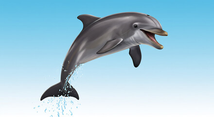 Ein schlanker Delfin springt schwungvoll aus dem glitzernden Wasser in einen hellblauen Himmel hoch spritzendes Meerestier.. AI Generated