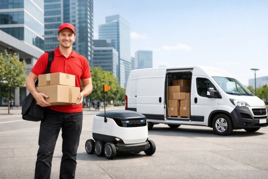 A cheerful male delivery person in a red shirt stands with packages, next to a delivery van, while an autonomous robot awaits transport.