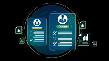 Task management, checklist concept. Business management and marketing project plan. work analytics, business progress. Project management and check list isolated on black background.