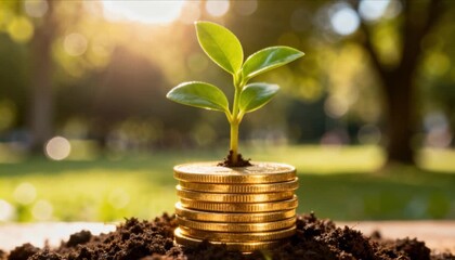 small green plant growing out of gold coins stack for investment growth perfect for financial wellness month