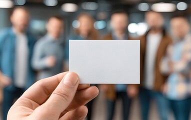 Blank card hand business opportunity teamwork office blurred group people meeting professional creative workspace communication concept planning collaboration modern casual brainstorming success