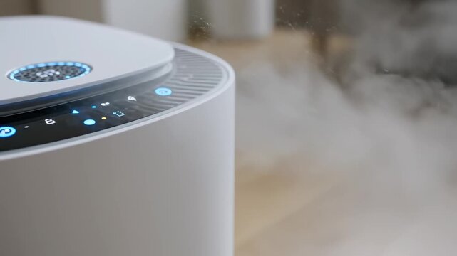 Closeup of a modern air purifier emitting mist