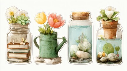 Watercolor hand painted house green plants in flower pots, featuring a variety of decorative greenery elements, isolated on white for a charming floral collection