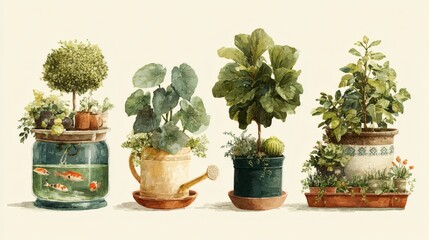 Watercolor hand painted house green plants in flower pots, featuring a variety of decorative greenery elements, isolated on white for a charming floral collection