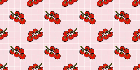 Seamless Mediterranean pattern with ripe cherry tomatoes on a pink checkered background. Fresh repeating design for kitchen textiles, packaging, tableware and food branding