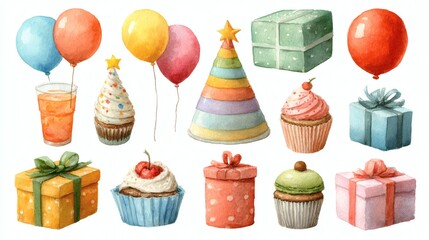 Watercolor birthday set featuring a purple cake with lit candles, a slice of layer cake, colorful balloons, party hats, and wrapped gift boxes, all on a white background