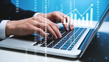 Hands using a laptop with floating digital data, business technology concept, corporate tones, professional lighting, high detail.