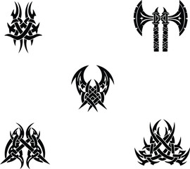 Tribal warrior tattoo set with double-headed axes and intricate knotwork silhouettes for vector design.