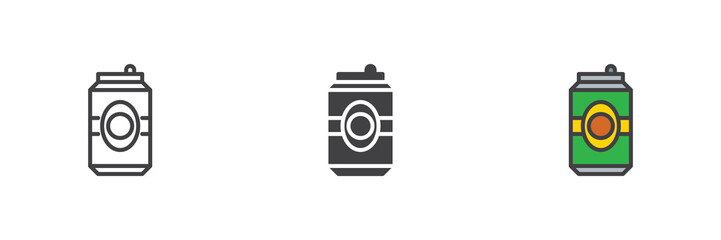 Beer can line, solid and colorful icon set pack