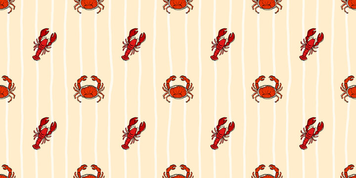Seamless Mediterranean seafood pattern with red lobster and crab. Decorative repeat for kitchen textiles, table linens, packaging and restaurant design