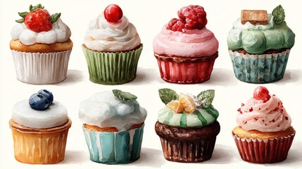Set of watercolor cupcakes with fruits and berries isolated on white background.