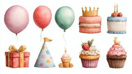 Watercolor birthday set featuring a purple cake with lit candles, a slice of layer cake, colorful balloons, party hats, and wrapped gift boxes, all on a white background