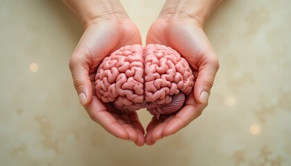 Adult hands holding a brain model for protection against a pastel backdrop. Alzheimer's illness, stroke, and the idea of Mental Health Day