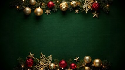 Luxury Dark Green Christmas Background with Gold and Red Festive Ornaments
