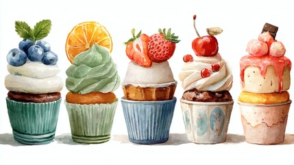 Set of watercolor cupcakes with fruits and berries isolated on white background.