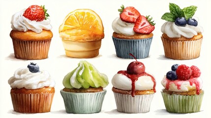 Set of watercolor cupcakes with fruits and berries isolated on white background.